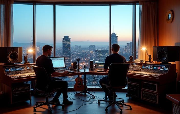 Teamet i musikkstudio med utsikt over Oslo sentrum