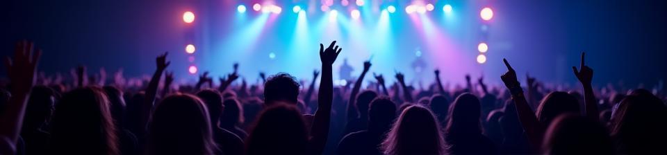 Fengende musikkopplevelse, fornøyde brukere foran konsertscene.